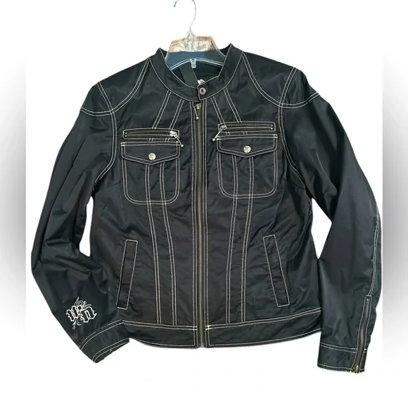 Harley Davidson Zip Jacket Black bedazzled Blue 
EMBROIDERED Women’s L Baddie - Picture 4 of 14